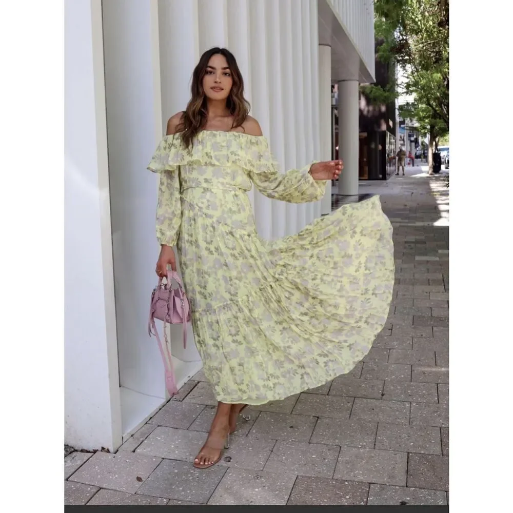 ASTR The Label x Revolve Kaylani Ruffle Dress in Gray Yellow Floral Size Medium
